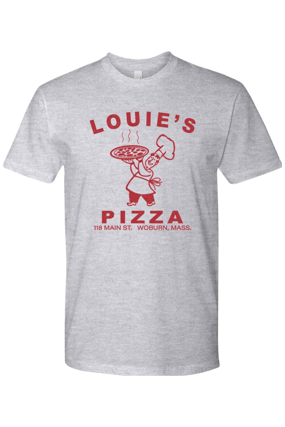 Grey 100% cotton unisex t-shirt featuring a red Louie's Pizza logo with a chef holding a pizza.