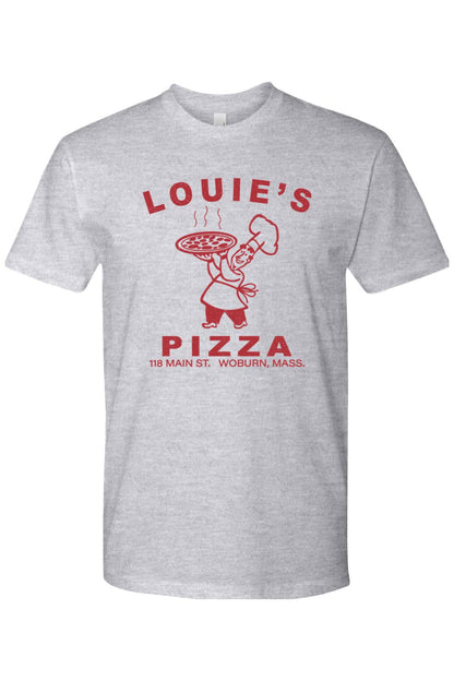 Grey 100% cotton unisex t-shirt featuring a red Louie's Pizza logo with a chef holding a pizza.