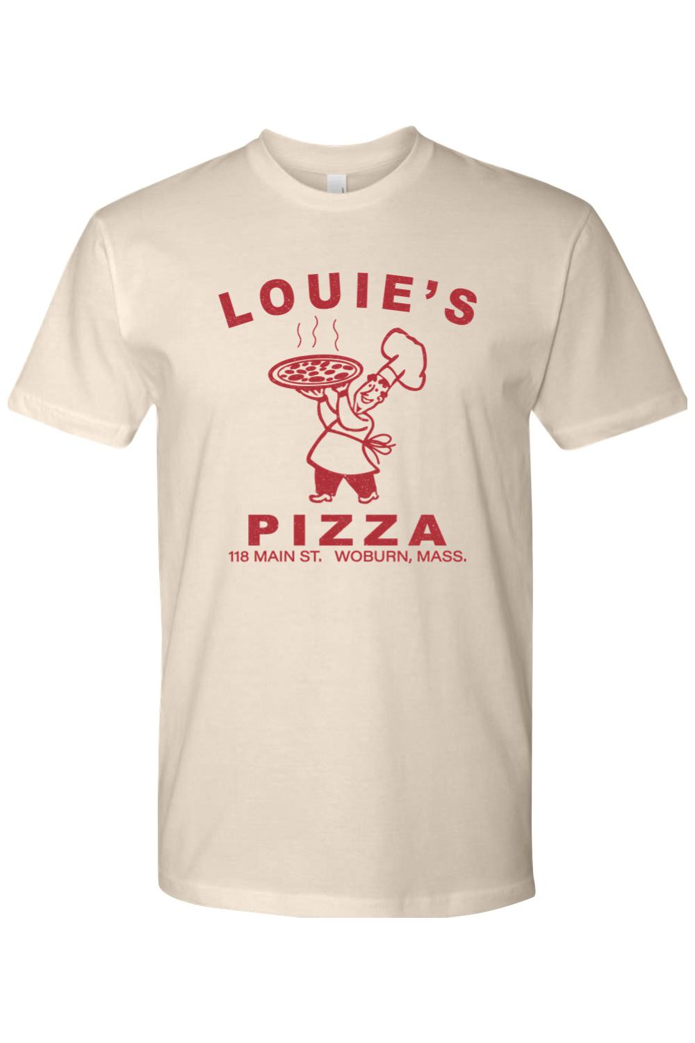 Cream-colored 100% cotton unisex t-shirt featuring a red Louie's Pizza chef graphic and logo on the front.