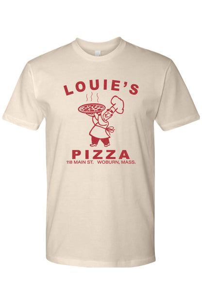 Cream-colored 100% cotton unisex t-shirt featuring a red Louie's Pizza chef graphic and logo on the front.