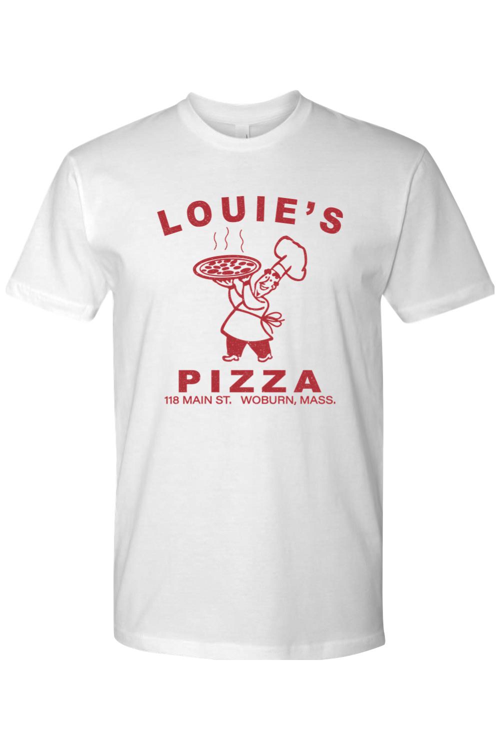 White 100% cotton unisex t-shirt featuring a red Louie's Pizza chef graphic and logo on the front.