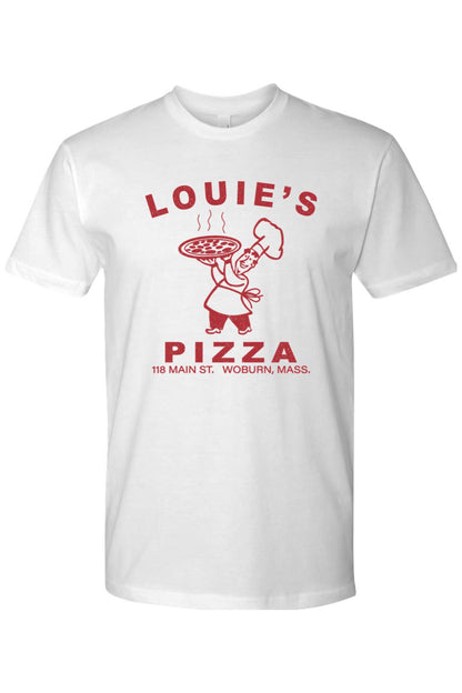White 100% cotton unisex t-shirt featuring a red Louie's Pizza chef graphic and logo on the front.