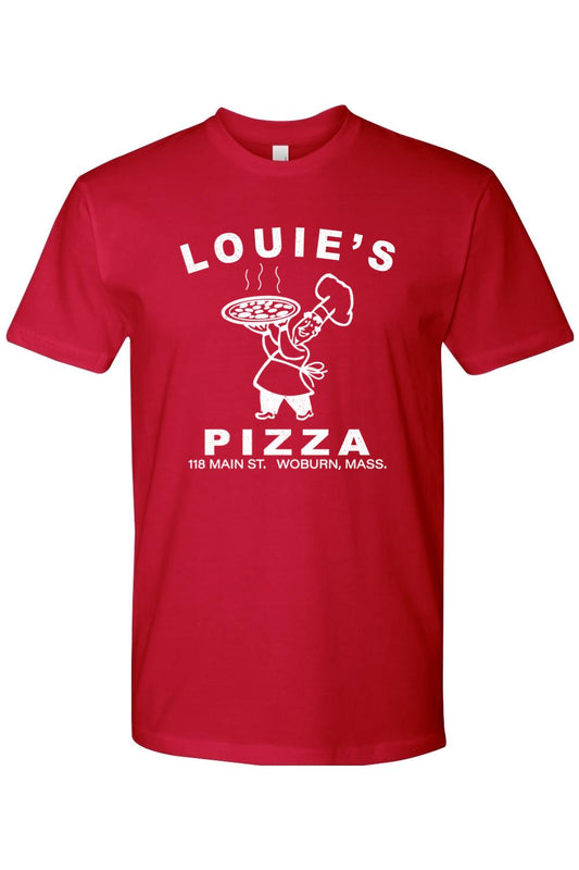 Red 100% cotton unisex t-shirt featuring a white Louie's Pizza chef logo and text on the front.