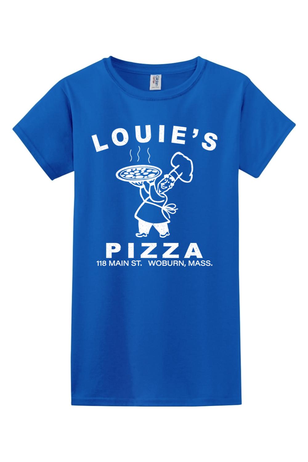 Women's royal blue 100% cotton t-shirt featuring a white Louie's Pizza chef logo and text graphic.