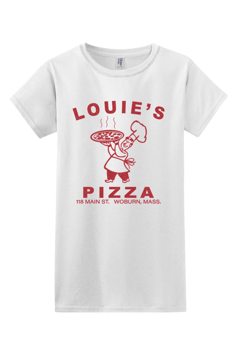 White 100% cotton women's t-shirt featuring a red Louie's Pizza chef graphic and text on the front.