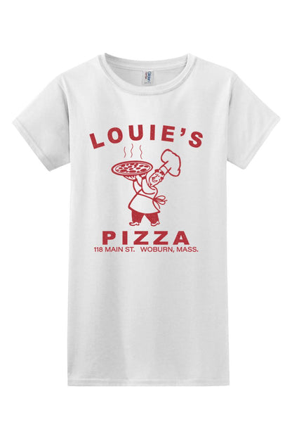 White 100% cotton women's t-shirt featuring a red Louie's Pizza chef graphic and text on the front.