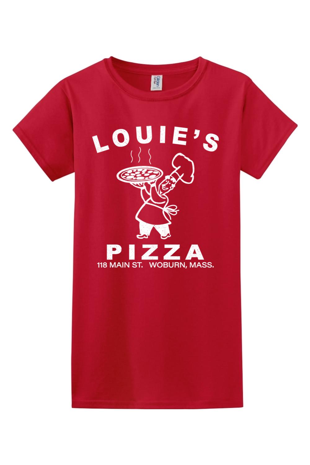 Red women's 100% cotton t-shirt featuring a white Louie's Pizza chef graphic and logo on the front.