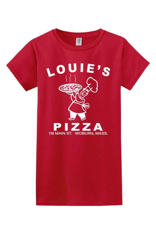 Red women's 100% cotton t-shirt featuring a white Louie's Pizza chef graphic and logo on the front.