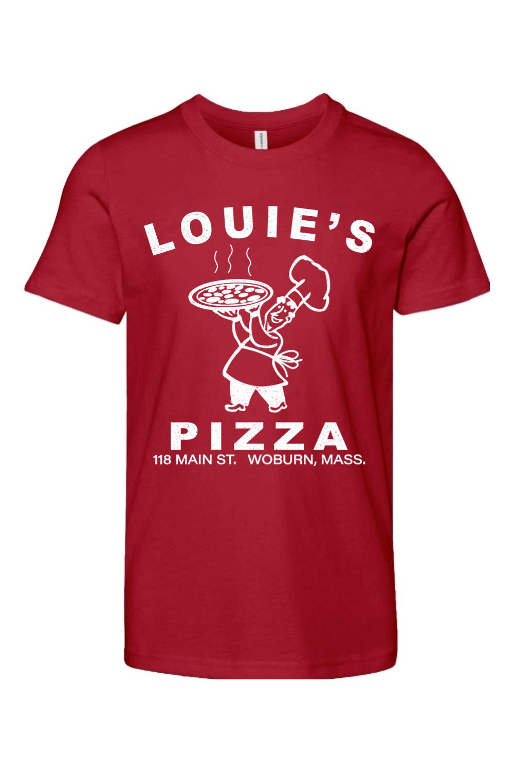 Red 100% cotton youth t-shirt featuring a white Louie's Pizza chef graphic and text on the front.