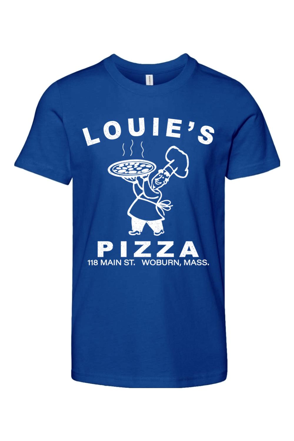 Royal blue 100% cotton youth t-shirt featuring a white Louie's Pizza chef logo and text graphic on the front.