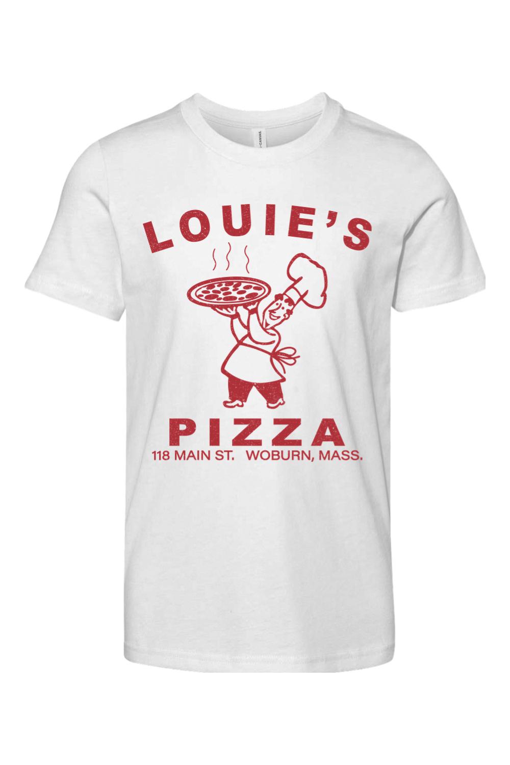 White 100% cotton youth t-shirt featuring a red Louie's Pizza chef graphic and text on the front.