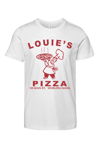 White 100% cotton youth t-shirt featuring a red Louie's Pizza chef graphic and text on the front.
