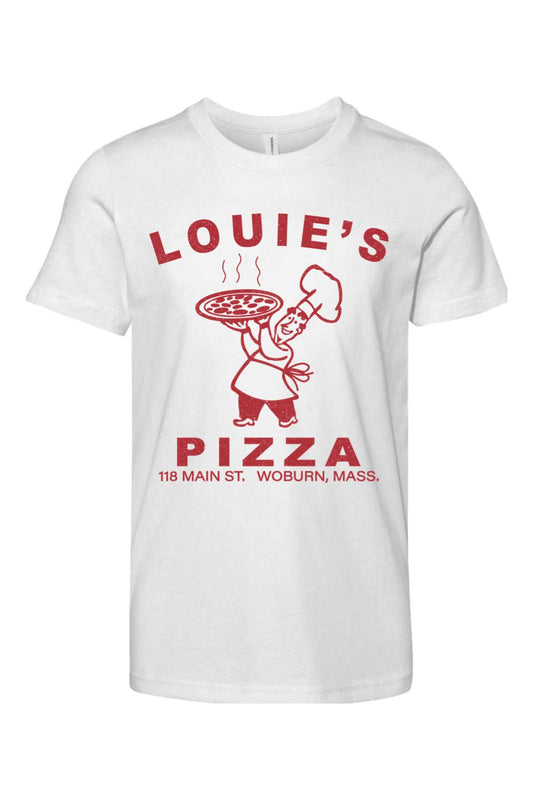 White 100% cotton youth t-shirt featuring a red Louie's Pizza chef graphic and text on the front.