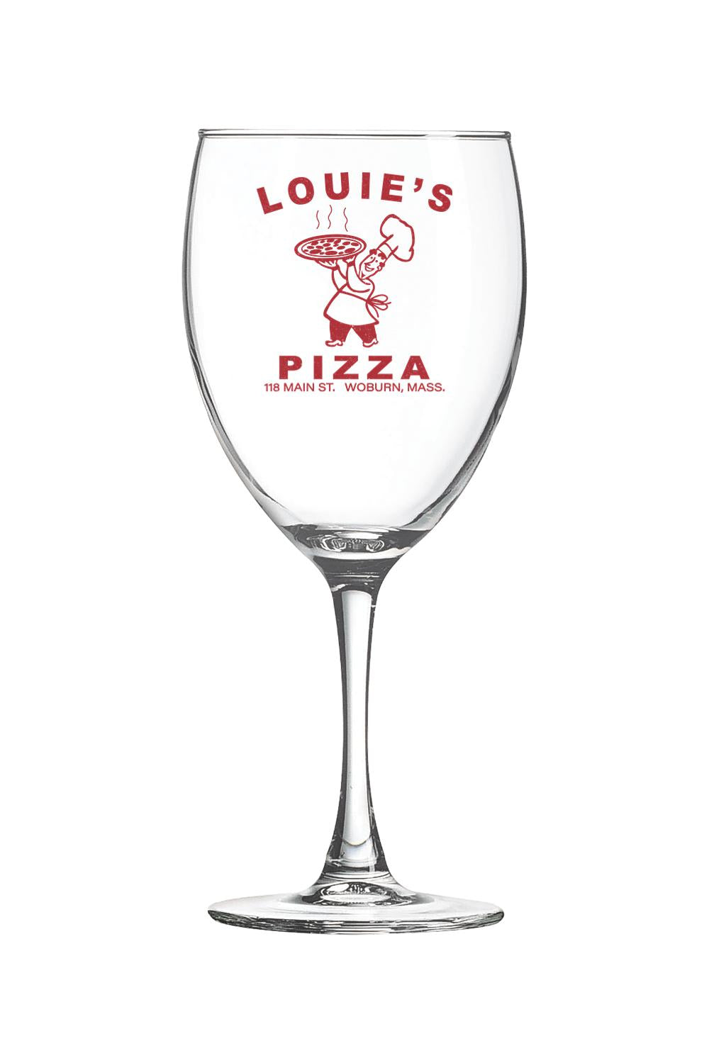 Clear 10.5 oz wine glass featuring a red Louie's Pizza logo with a chef holding a pizza on a white background.