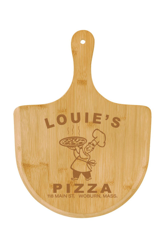 15.5 x 11-inch bamboo pizza board with a handle and engraved Louie's Pizza logo featuring a chef holding a pie.