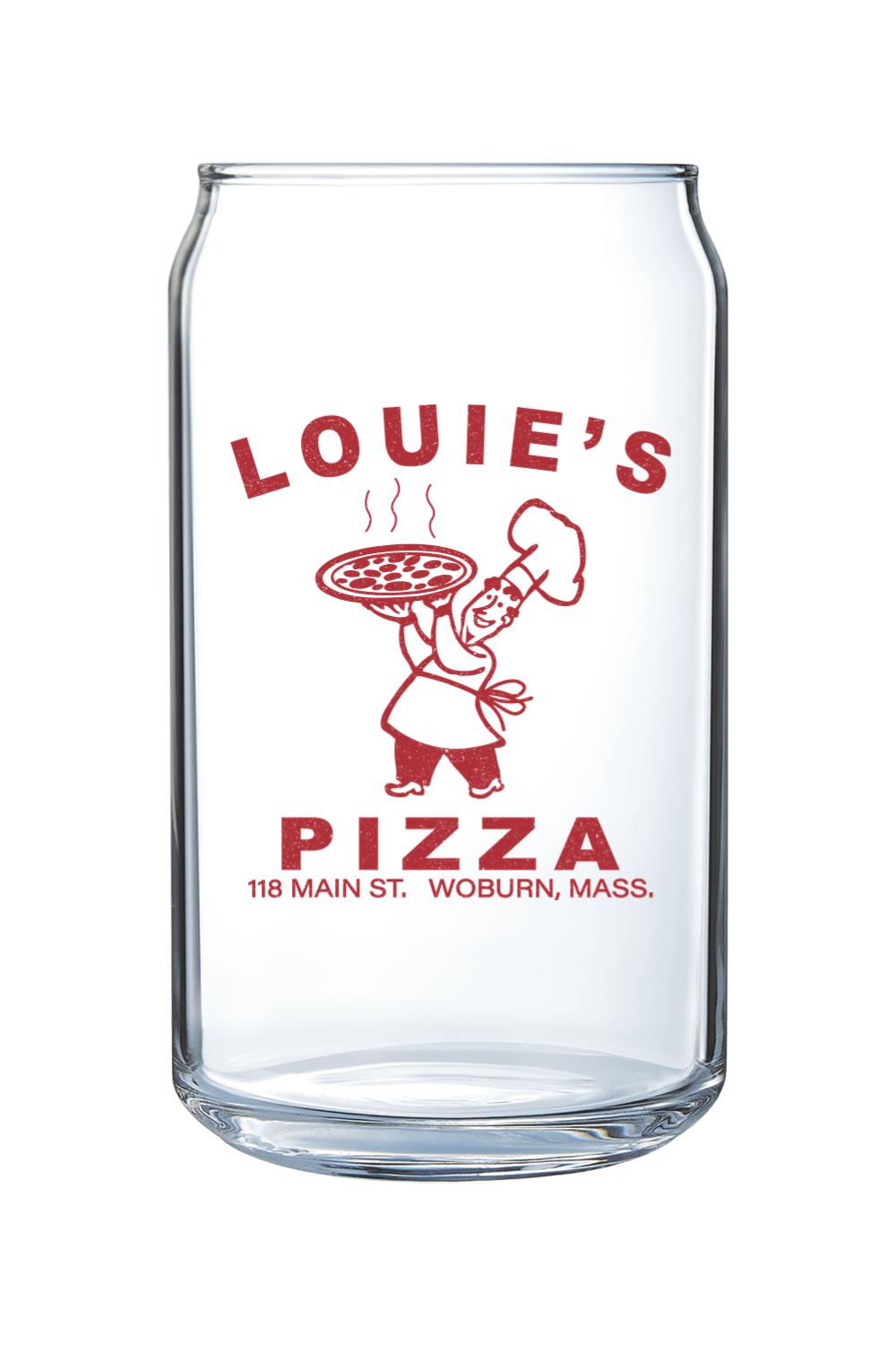Clear 16 oz. can-shaped glass featuring a red Louie's Pizza chef logo and text on a white background.