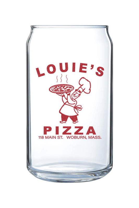 Clear 16 oz. can-shaped glass featuring a red Louie's Pizza chef logo and text on a white background.