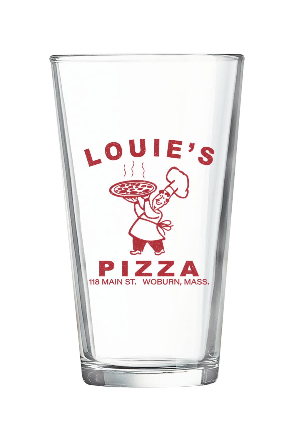 Clear 16 oz. pint glass featuring a red Louie's Pizza chef logo and text on a durable, chip-resistant glass body.