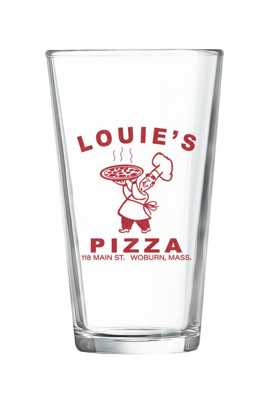 Clear 16 oz. pint glass featuring a red Louie's Pizza chef logo and text on a durable, chip-resistant glass body.
