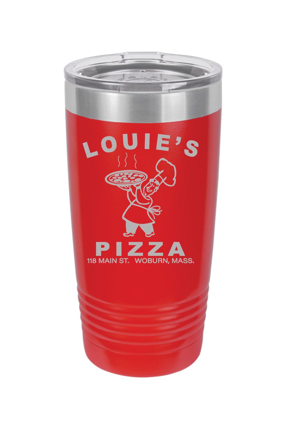 Red 20oz stainless steel tumbler with a clear lid and engraved Louie's Pizza logo featuring a chef holding a pizza.