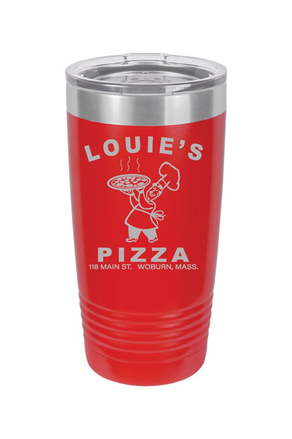 Red 20oz stainless steel tumbler with a clear lid and engraved Louie's Pizza logo featuring a chef holding a pizza.