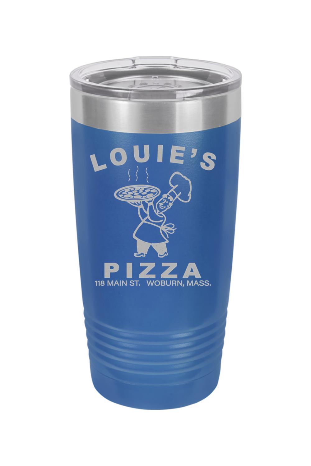Blue 20oz stainless steel tumbler with an engraved Louie's Pizza logo and clear spill-proof lid.