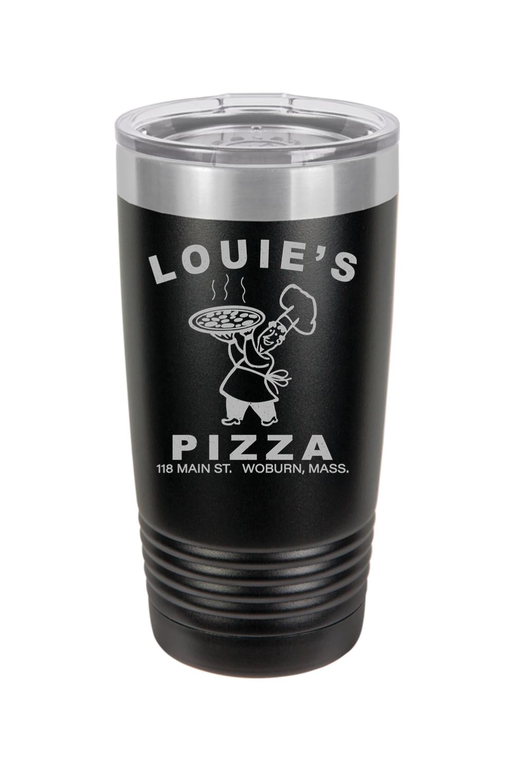 Black 20oz stainless steel tumbler with a clear lid and engraved Louie's Pizza logo featuring a chef holding a pizza.