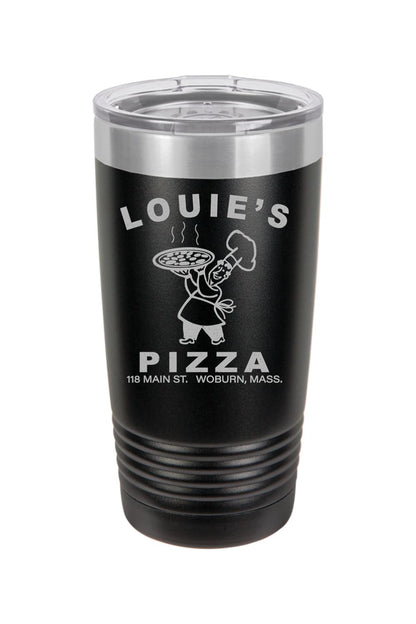 Black 20oz stainless steel tumbler with a clear lid and engraved Louie's Pizza logo featuring a chef holding a pizza.