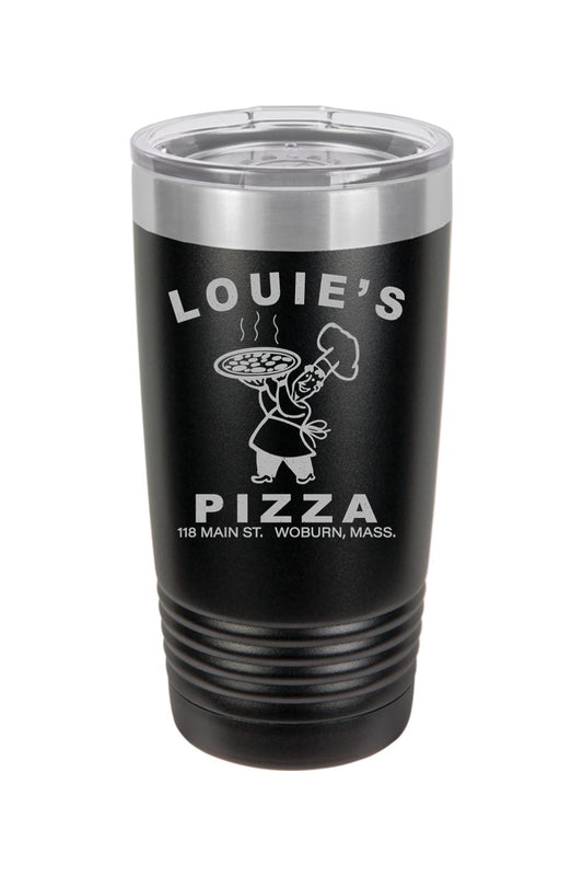 Black 20oz stainless steel tumbler with a clear lid and engraved Louie's Pizza logo featuring a chef holding a pizza.