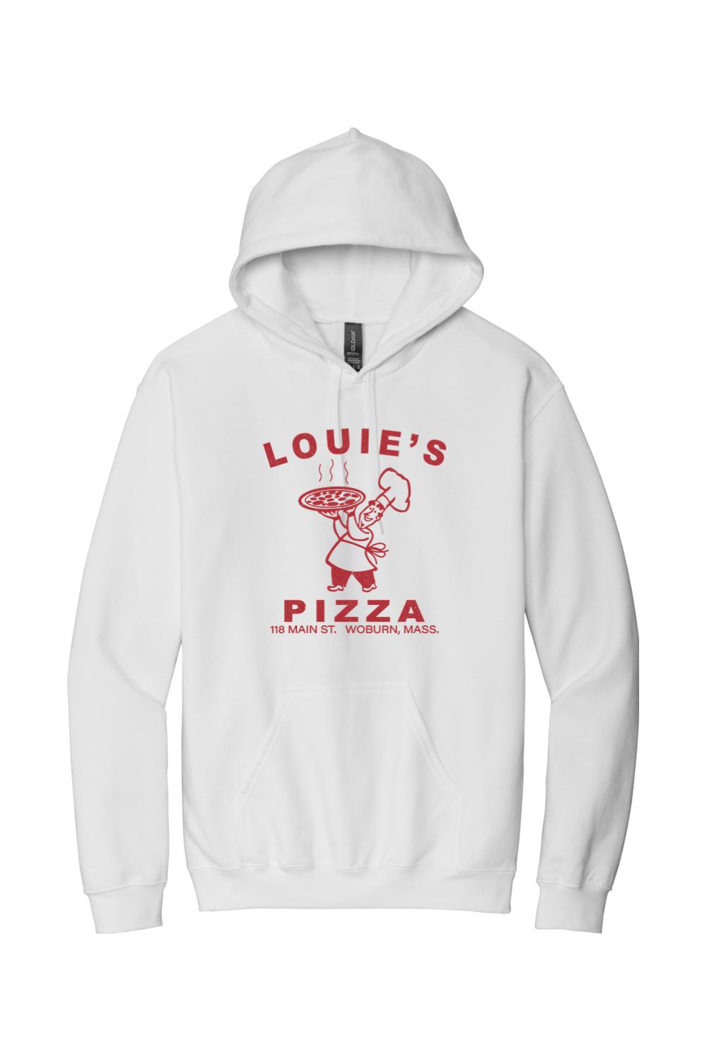 White cotton-blend hoodie featuring a red Louie's Pizza chef logo and text on the front with a front kangaroo pocket.