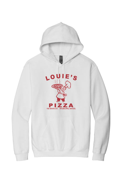 White cotton-blend hoodie featuring a red Louie's Pizza chef logo and text on the front with a front kangaroo pocket.