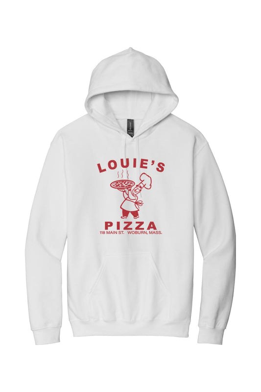 White cotton-blend hoodie featuring a red Louie's Pizza chef logo and text on the front with a front kangaroo pocket.