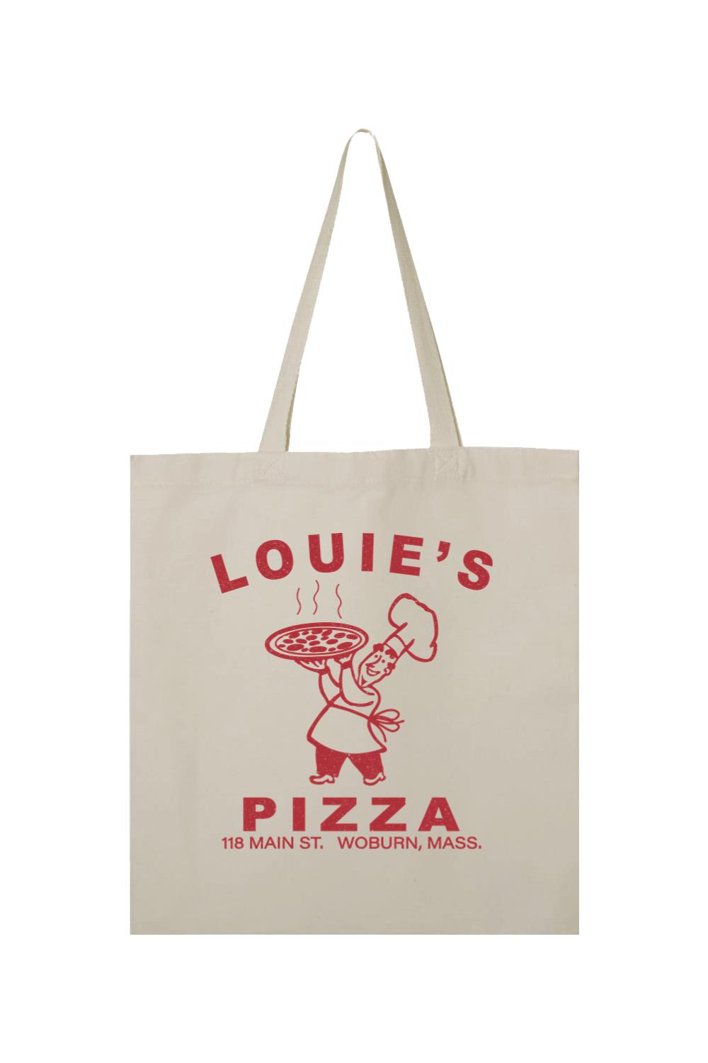 Off-white canvas tote bag featuring a red vintage Louie's Pizza chef graphic and text on the front.