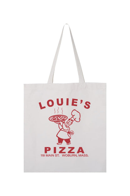 Off-white canvas tote bag featuring a red vintage-style Louie's Pizza logo with a chef holding a pepperoni pizza.