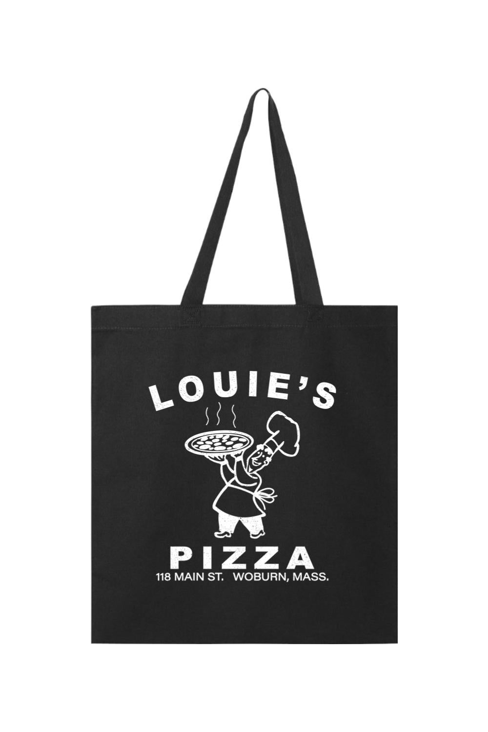Black canvas tote bag featuring a white Louie's Pizza logo with a chef holding a pizza and address text.