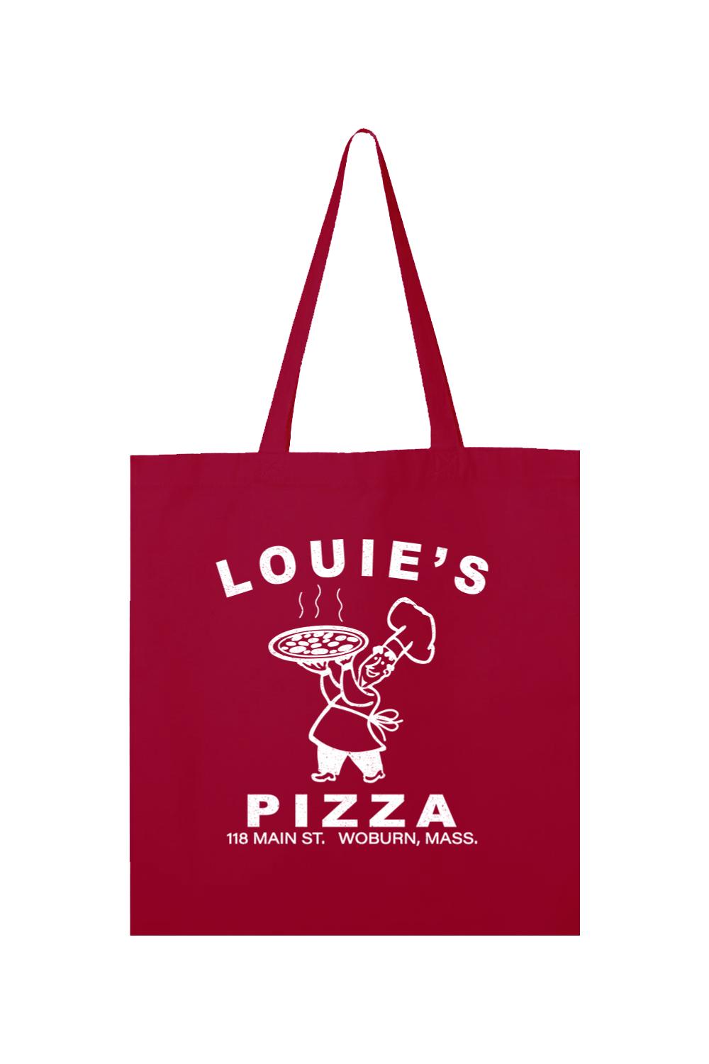 Maroon canvas tote bag featuring a white Louie's Pizza chef logo and text on the front with sturdy shoulder straps.