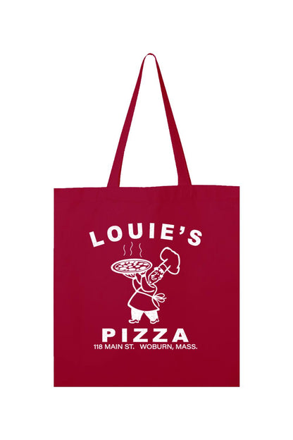Maroon canvas tote bag featuring a white Louie's Pizza chef logo and text on the front with sturdy shoulder straps.