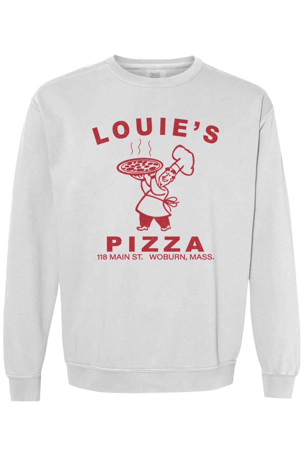 White Comfort Colors crewneck sweatshirt featuring a red Louie's Pizza chef logo graphic on the chest.