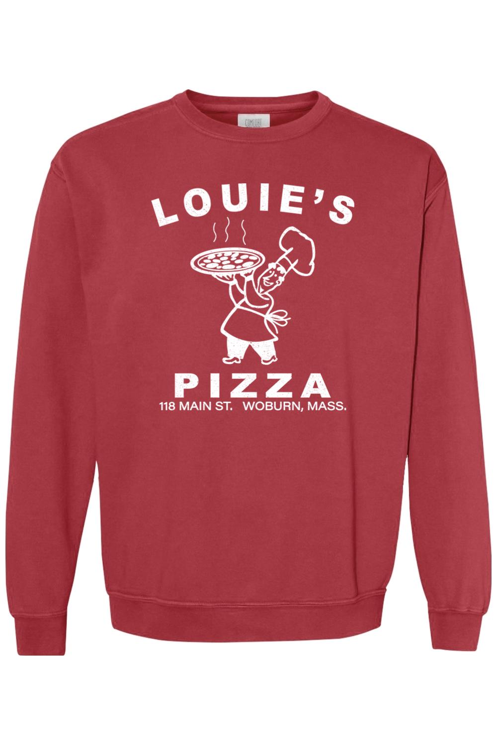 Red Comfort Colors unisex crewneck sweatshirt featuring a white Louie's Pizza chef logo graphic on the chest.