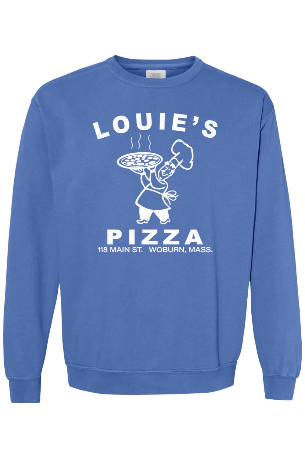 Blue Comfort Colors crewneck sweatshirt featuring a white Louie's Pizza chef logo and text on the front.