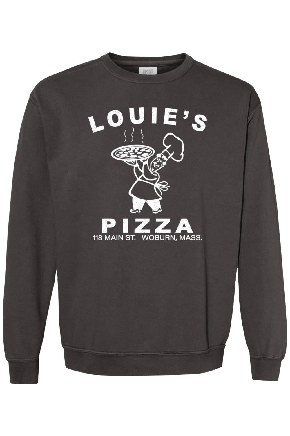Charcoal grey Comfort Colors crewneck sweatshirt featuring a white vintage Louie's Pizza chef logo graphic.