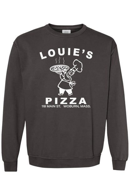 Charcoal grey Comfort Colors crewneck sweatshirt featuring a white vintage Louie's Pizza chef logo graphic.