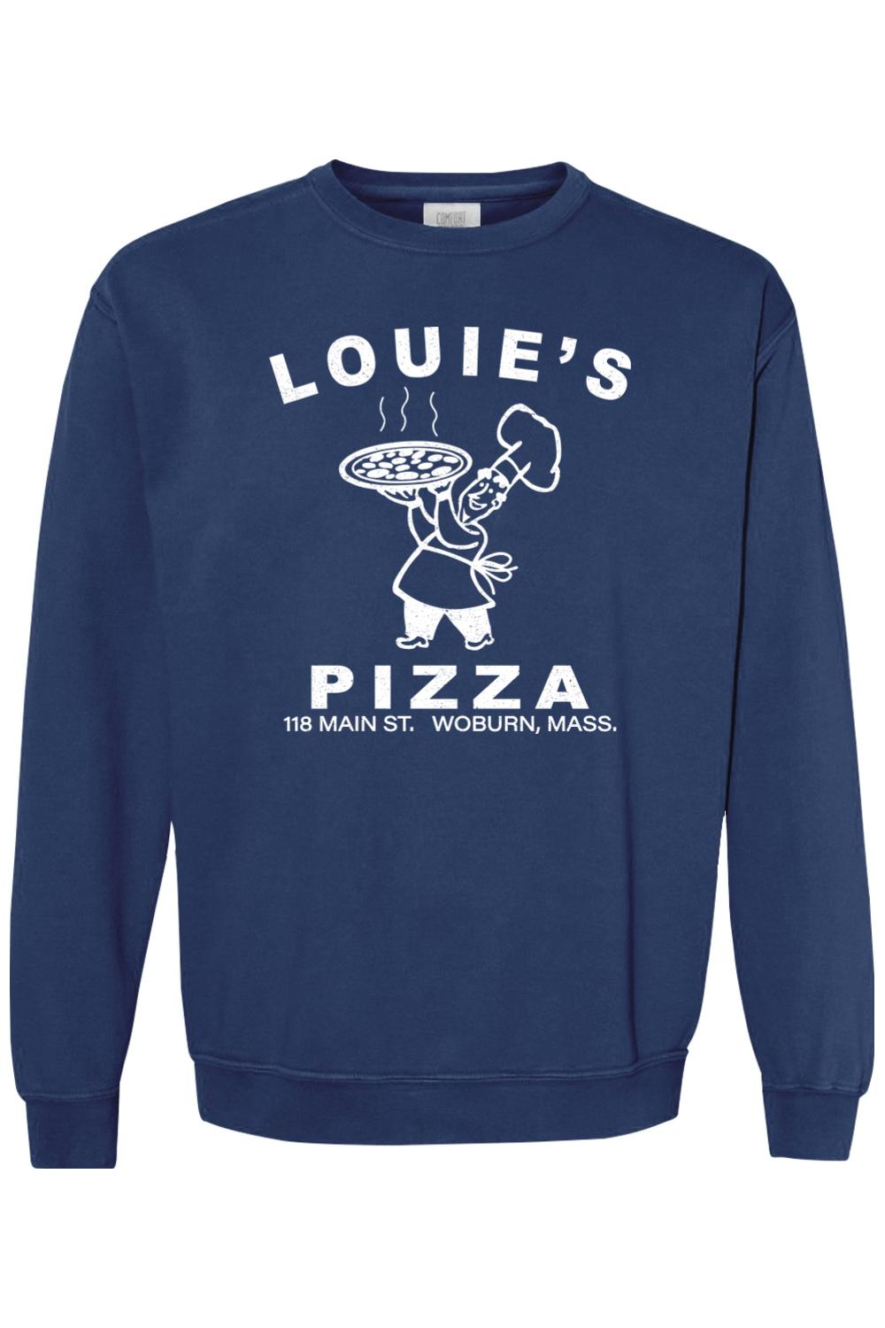 Navy blue Comfort Colors crewneck sweatshirt featuring a white Louie's Pizza chef logo graphic on the chest.