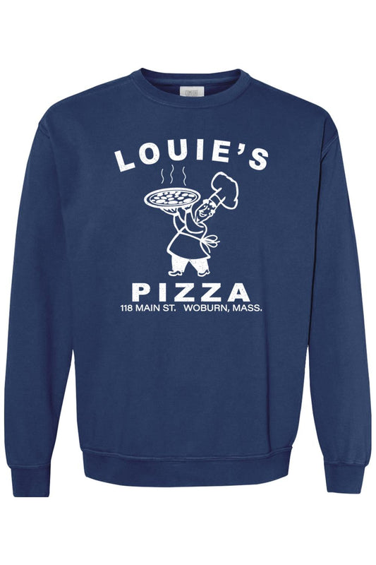 Navy blue Comfort Colors crewneck sweatshirt featuring a white Louie's Pizza chef logo graphic on the chest.