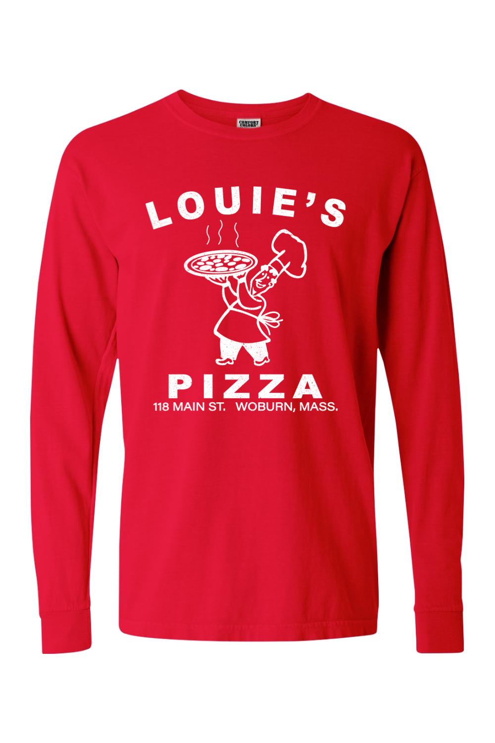 Red Comfort Colors long sleeve cotton t-shirt featuring a white Louie's Pizza chef graphic on the chest.