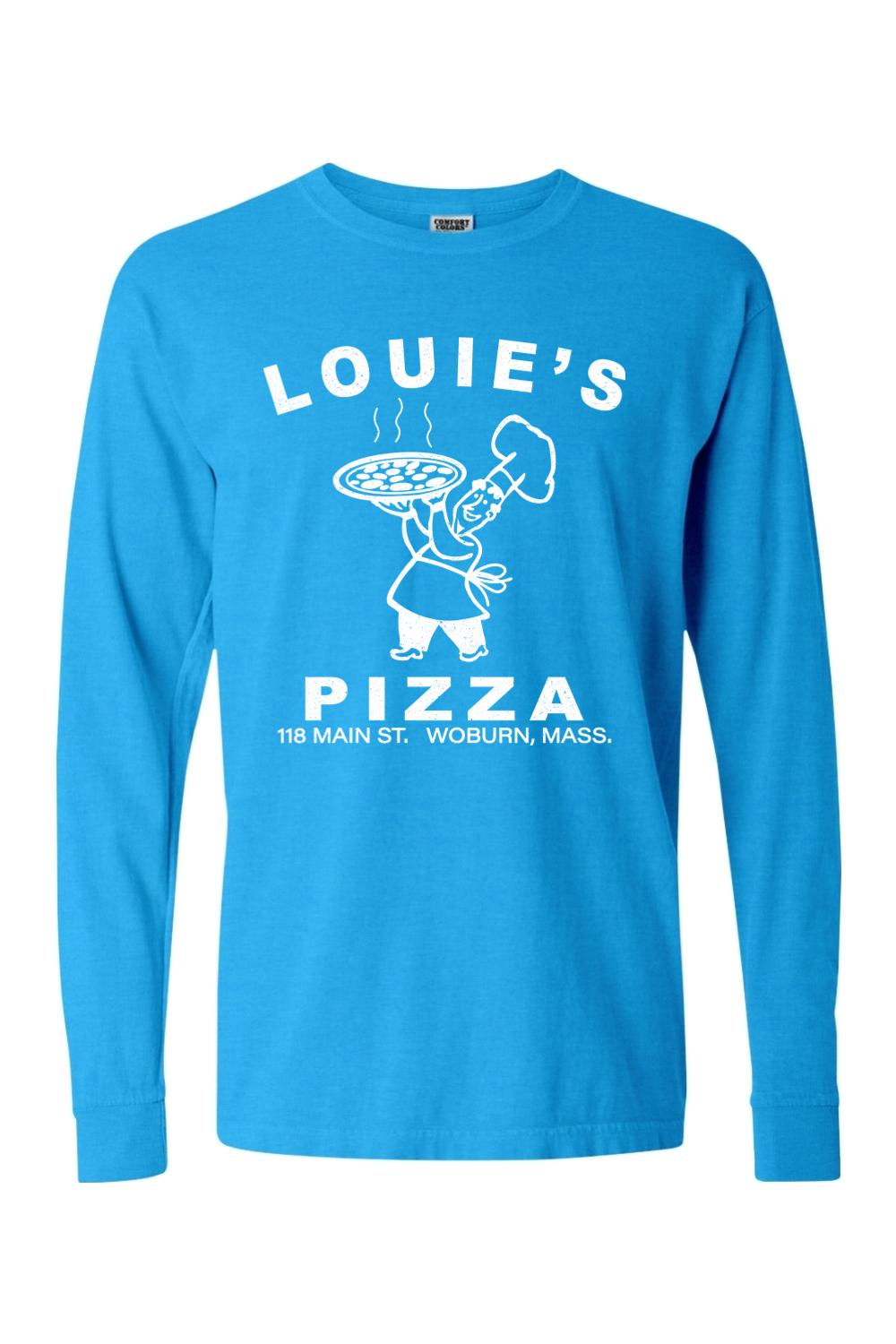 Bright blue Comfort Colors long sleeve cotton t-shirt featuring a white Louie's Pizza chef graphic on the chest.