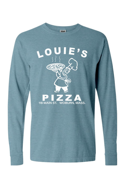 Blue Comfort Colors long sleeve cotton t-shirt featuring a white Louie's Pizza chef graphic on the front.