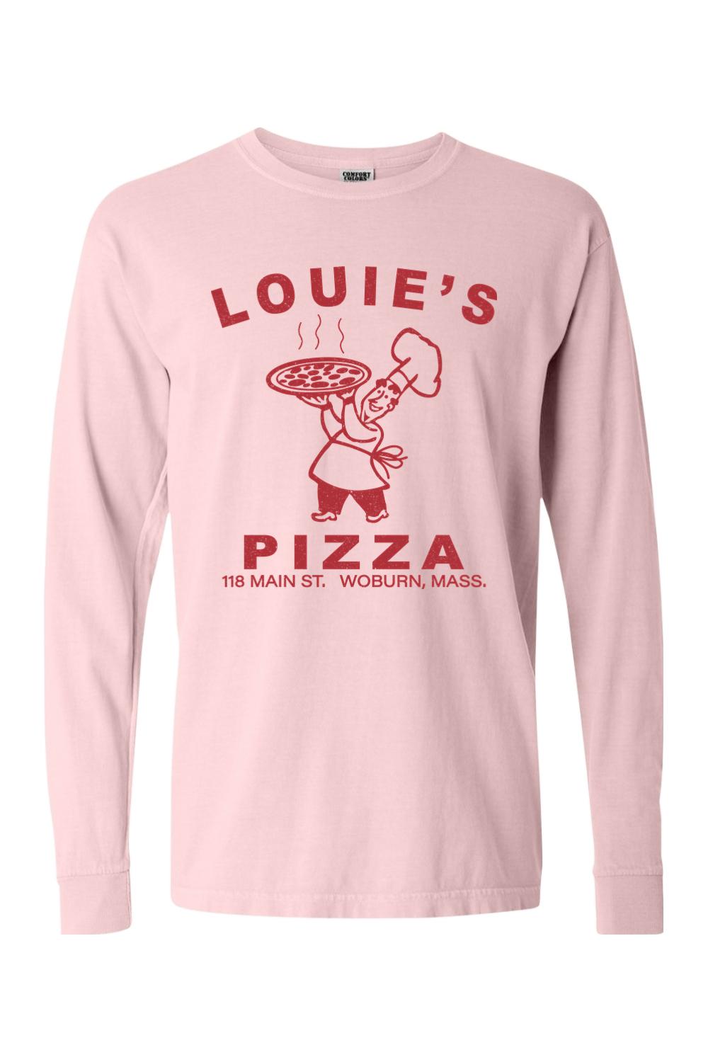 Light pink Comfort Colors long sleeve cotton t-shirt featuring a red Louie's Pizza chef graphic on the chest.