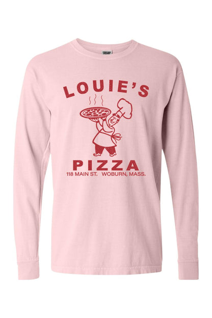 Light pink Comfort Colors long sleeve cotton t-shirt featuring a red Louie's Pizza chef graphic on the chest.