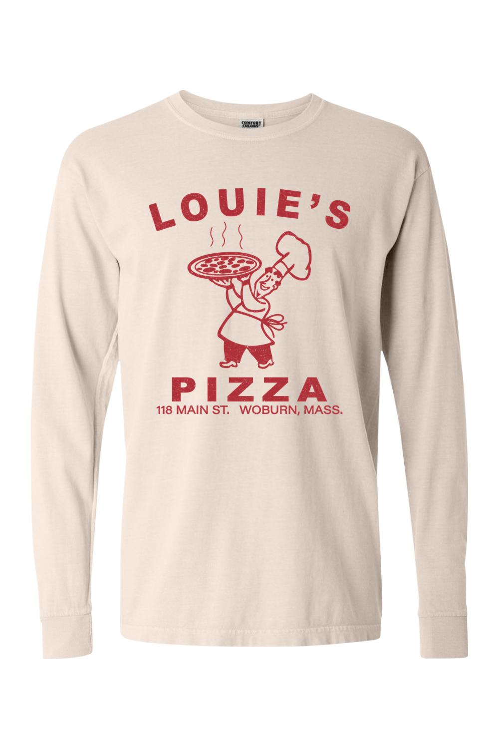 Beige Comfort Colors long sleeve cotton shirt featuring a red Louie's Pizza chef graphic on the chest.